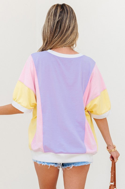 Women Color Block Patchwork Half Sleeve Pocketed Top Zarnesh