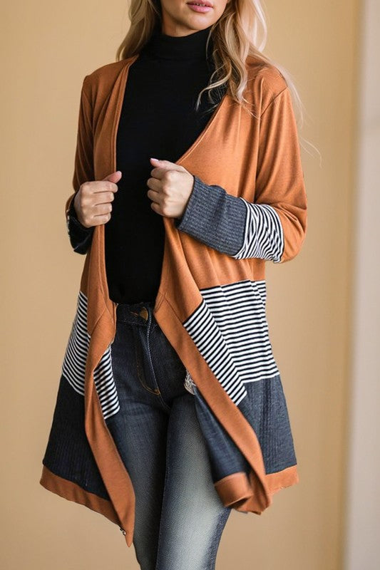 Women Colorblock Striped Waffle Patchwork Open Cardigan | Zarnesh
