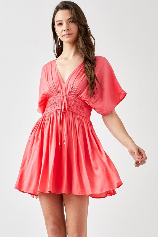 Women Smocked Waist V Neckline Short Sleeve Tassel Strap Dress Zarnesh