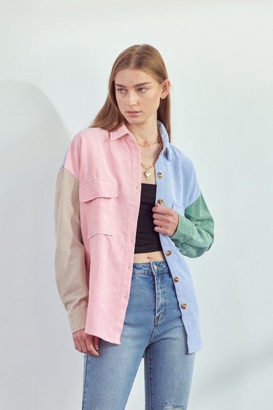 Women Corduroy Collar Front Pocket Loose Color Block Shirts Zarnesh
