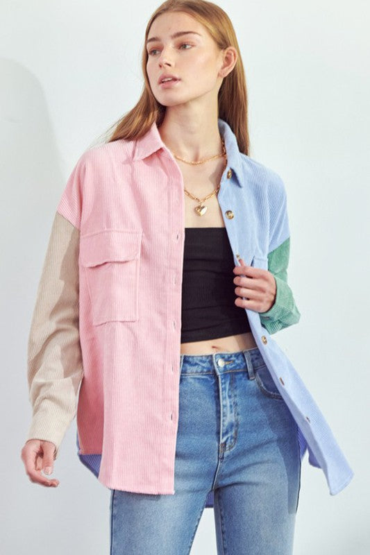 Women Corduroy Collar Front Pocket Loose Color Block Shirts Zarnesh