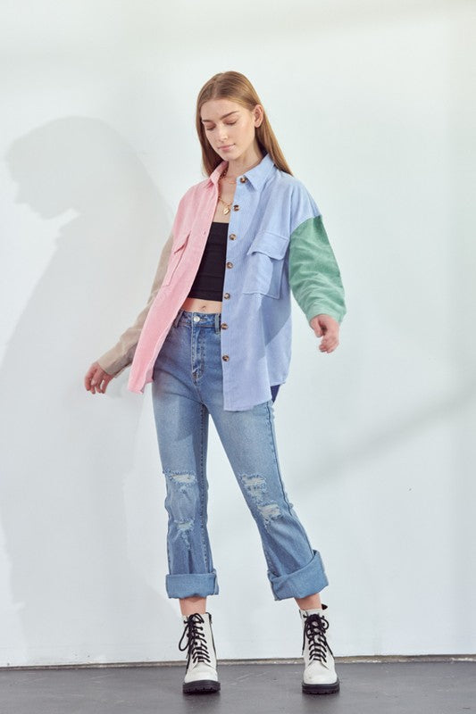 Women Corduroy Collar Front Pocket Loose Color Block Shirts Zarnesh