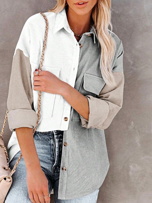 Women's Corduroy Color Block Patch Button Shirt Shacket | Zarnesh
