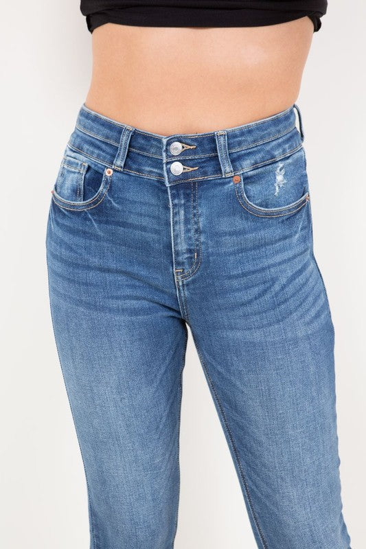 Women Corset Double Waist High Rise Ankle Distress Jeans Zarnesh