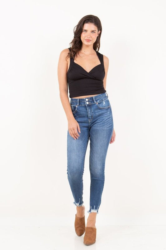 Women Corset Double Waist High Rise Ankle Distress Jeans Zarnesh