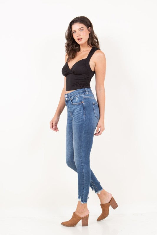 Women Corset Double Waist High Rise Ankle Distress Jeans Zarnesh