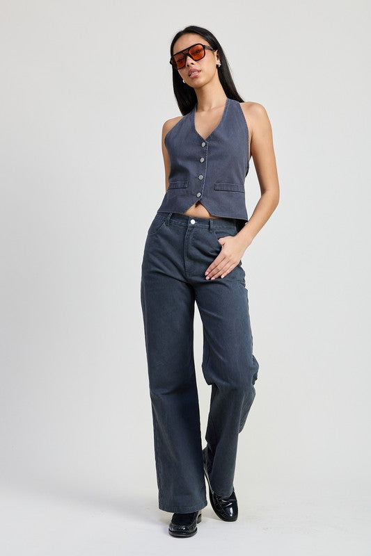 Women Cotton Button Up Halter Vest Style Top | Zarnesh