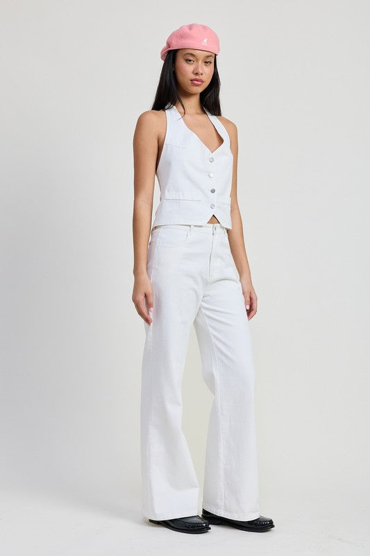 Women Cotton Button Up Halter Vest Style Top | Zarnesh
