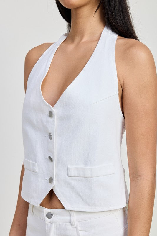 Women Cotton Button Up Halter Vest Style Top | Zarnesh