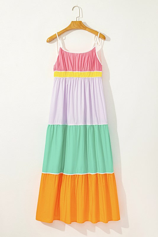 Women Cotton Color Self Tie Straps Block Maxi Dress Zarnesh