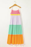 Women Cotton Color Self Tie Straps Block Maxi Dress Zarnesh