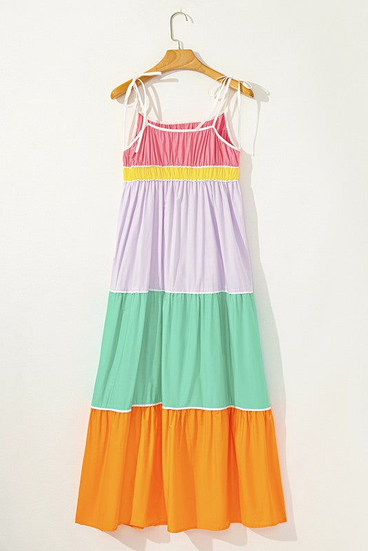 Women Cotton Color Self Tie Straps Block Maxi Dress Zarnesh