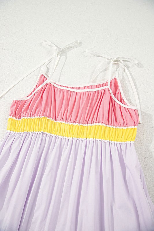 Women Cotton Color Self Tie Straps Block Maxi Dress Zarnesh