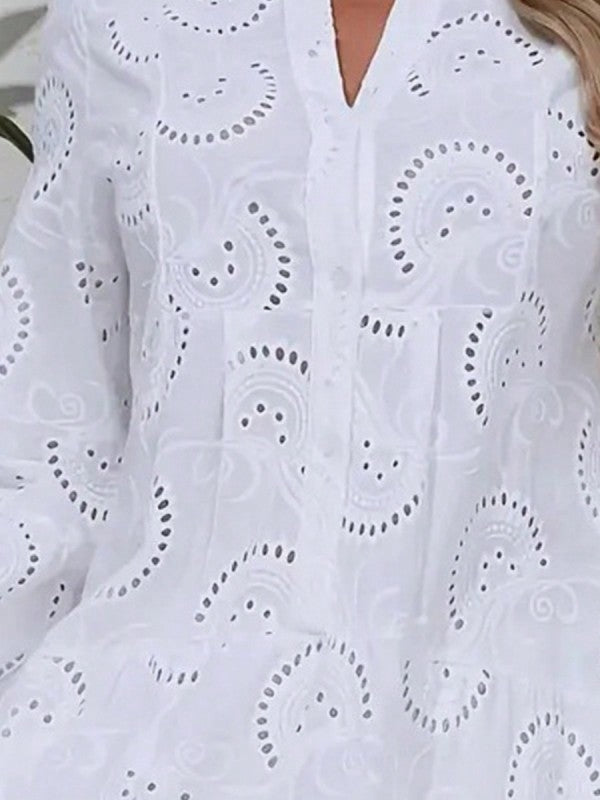 Women Cotton Embroidered Hollow Tiered Button Dress | Zarnesh