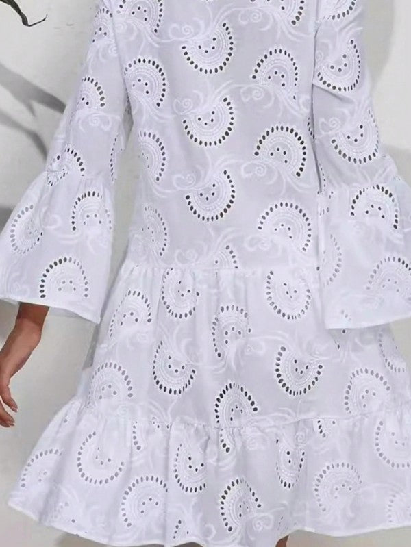 Women Cotton Embroidered Hollow Tiered Button Dress | Zarnesh