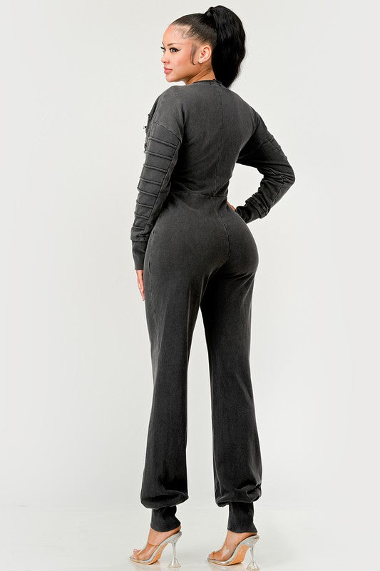 Women Couture Multi Pocket Zipper Ribbed Sleeves Jumpsuit Zarnesh