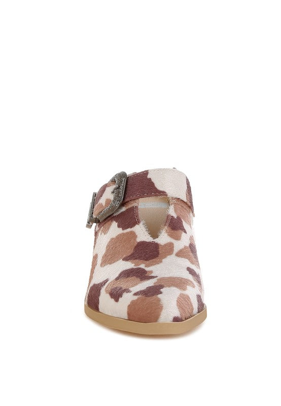 Women Nometa Cow Print Faux Suede Buckle Mules | Zarnesh