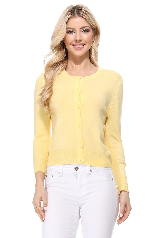 Women Crew Neckline Button Down Cardigan Sweater 3/4 sleeve Zarnesh