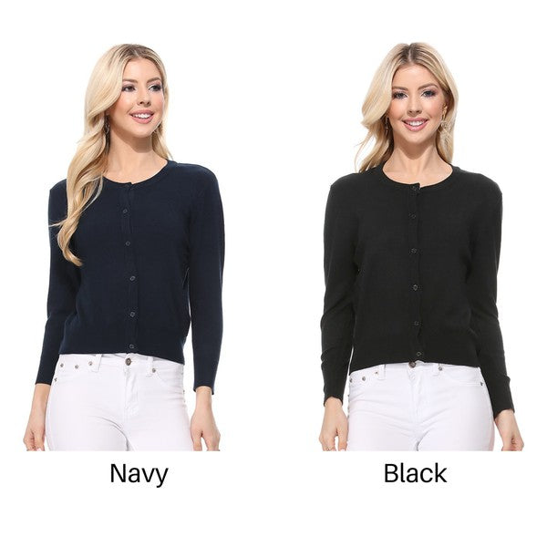 Women Crew Neckline Button Down Cardigan Sweater 3/4 sleeve Zarnesh