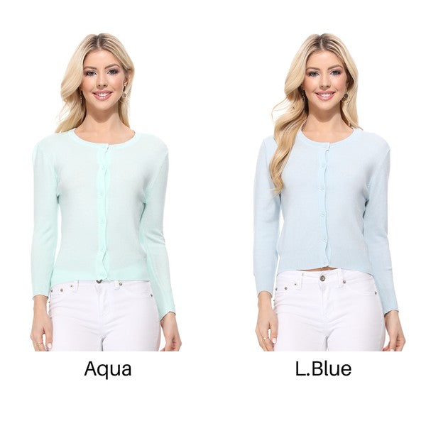 Women Crew Neckline Button Down Cardigan Sweater 3/4 sleeve Zarnesh