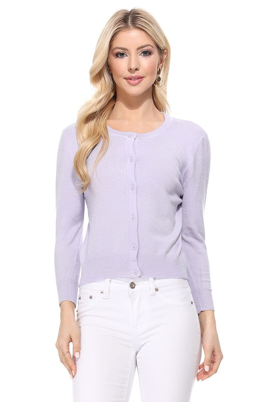 Women Crew Neckline Button Down Cardigan Sweater 3/4 sleeve Zarnesh