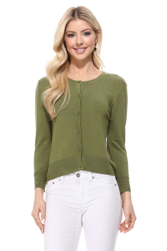 Women Crew Neckline Button Down Cardigan Sweater 3/4 sleeve Zarnesh