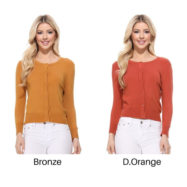 Women Crew Neckline Button Down Cardigan Sweater 3/4 sleeve Zarnesh