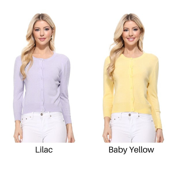 Women Crew Neckline Button Down Cardigan Sweater 3/4 sleeve Zarnesh