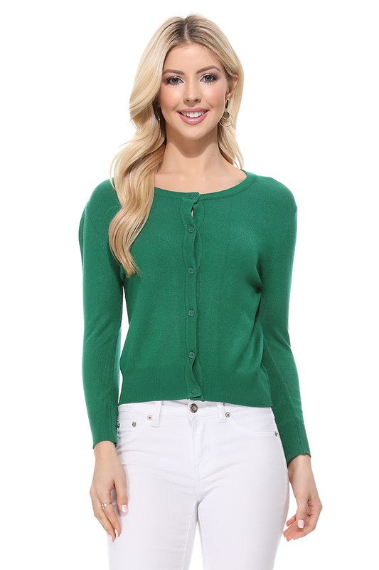 Women Crew Neckline Button Down Cardigan Sweater 3/4 sleeve Zarnesh