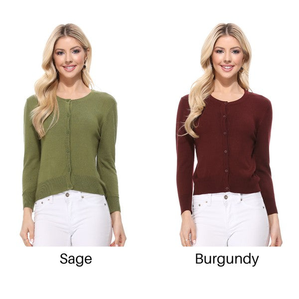 Women Crew Neckline Button Down Cardigan Sweater 3/4 sleeve Zarnesh