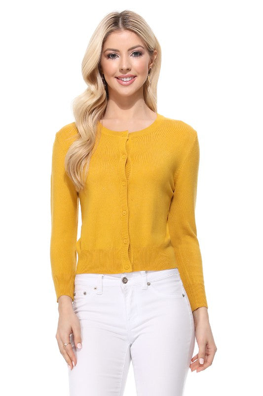 Women Crew Neckline Button Down Cardigan Sweater 3/4 sleeve Zarnesh
