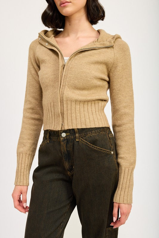 Women Cropped Long Sleeves Attached Hoodie Zip Up Sweater Zarnesh