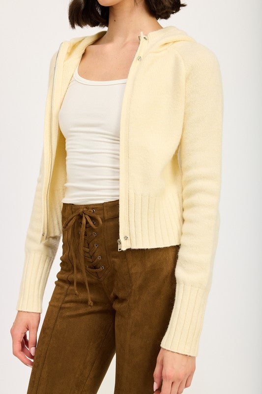 Women Cropped Long Sleeves Attached Hoodie Zip Up Sweater Zarnesh