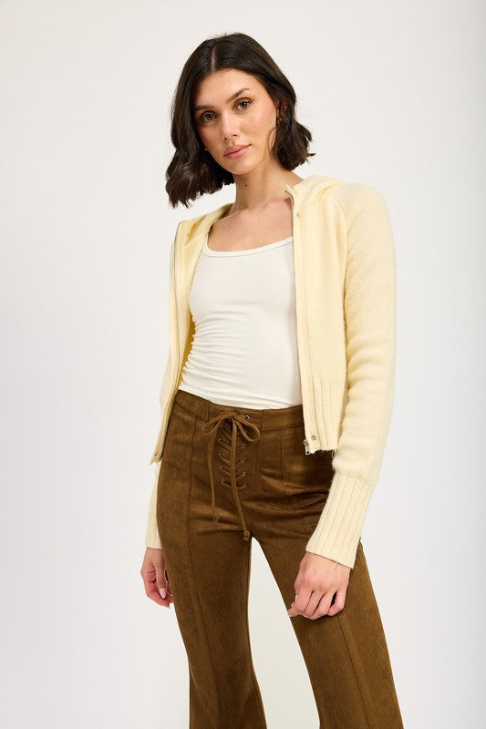Women Cropped Long Sleeves Attached Hoodie Zip Up Sweater Zarnesh