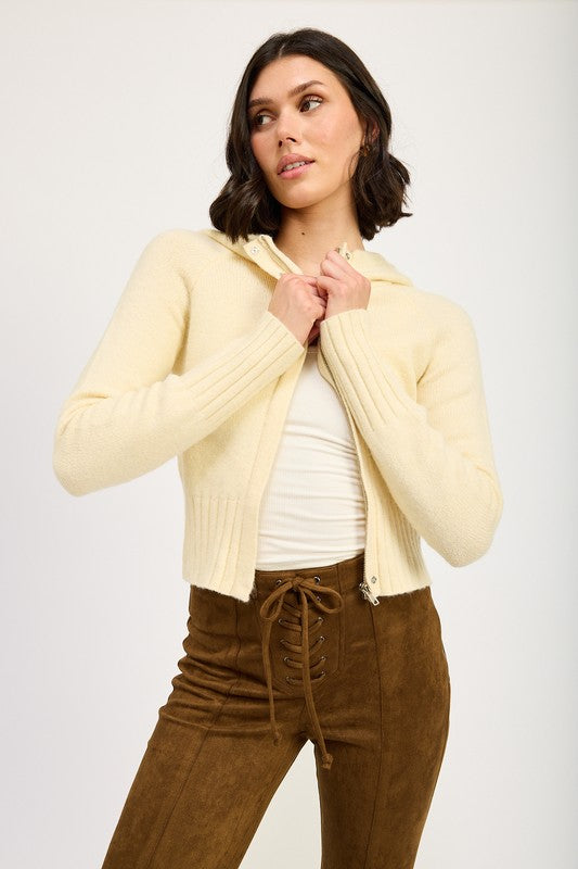 Women Cropped Long Sleeves Attached Hoodie Zip Up Sweater Zarnesh