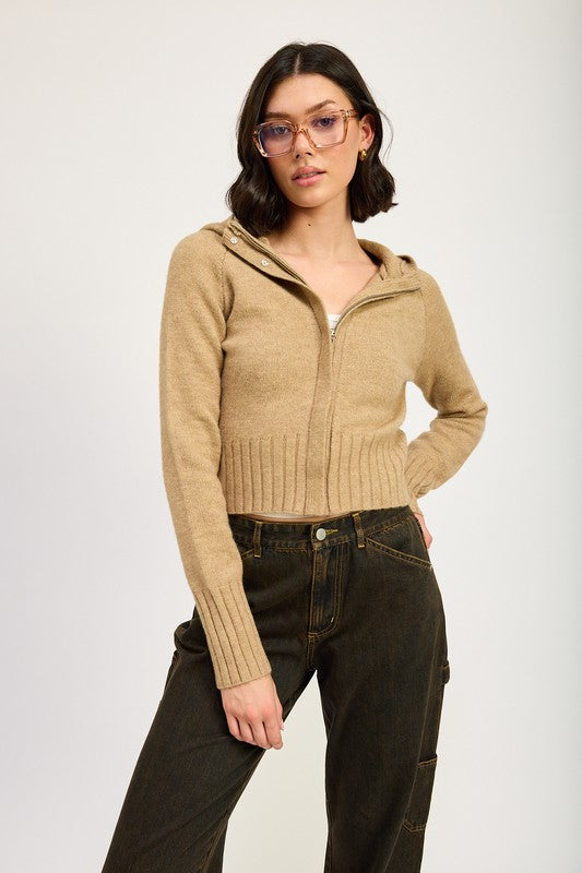 Women Cropped Long Sleeves Attached Hoodie Zip Up Sweater Zarnesh