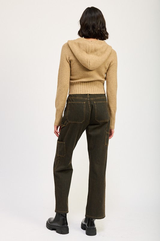 Women Cropped Long Sleeves Attached Hoodie Zip Up Sweater Zarnesh