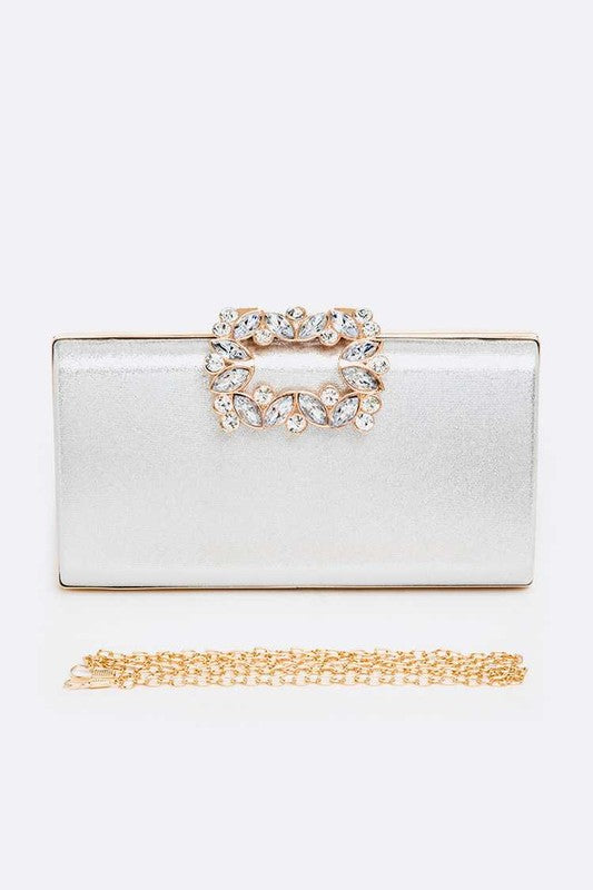 Women Crystal Buckle Metallic Box Clutch Zarnesh