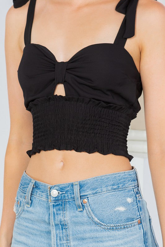 Women Cut Out Tie Shoulder Smocked Waist Cropped Top Zarnesh