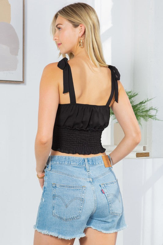 Women Cut Out Tie Shoulder Smocked Waist Cropped Top Zarnesh