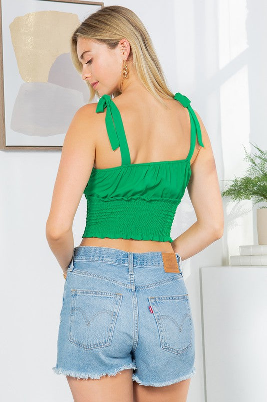 Women Cut Out Tie Shoulder Smocked Waist Cropped Top Zarnesh