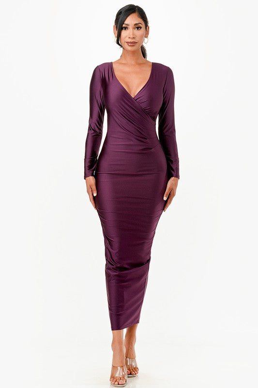 Women Long Sleeve Full Length Shiny Tricot Overlap Long Dress Zarnesh