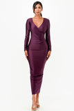 Women Long Sleeve Full Length Shiny Tricot Overlap Long Dress Zarnesh