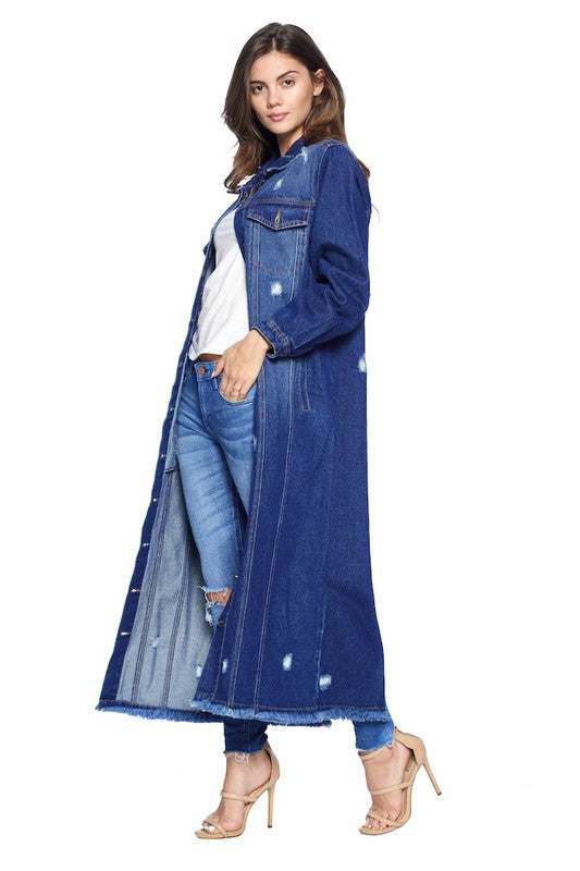 Women Denim Distressed Washed Relaxed Fit Longline Jackets Zarnesh