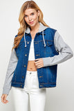 Women Denim Jacket Front Button Relaxed Fit Soft Fleece Hoodie Zarnesh