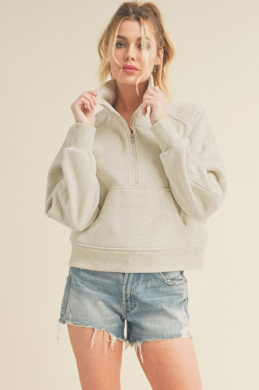 Women Dove Funnel Neck Ribbed Cuffs Kangaroo Pocket Half Zip Zarnesh