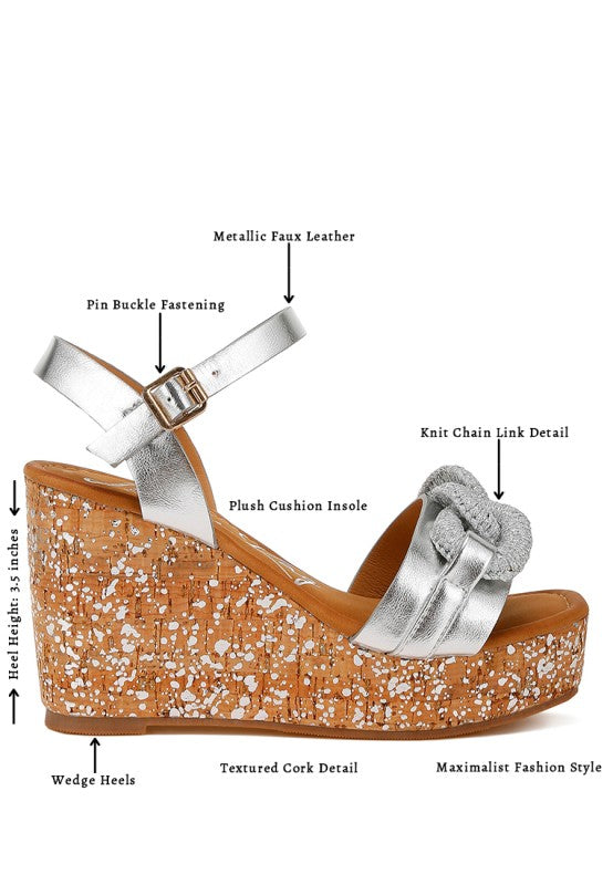 Women Emelda Open Toe Chain Link Metallic Wedge Sandals | Zarnesh