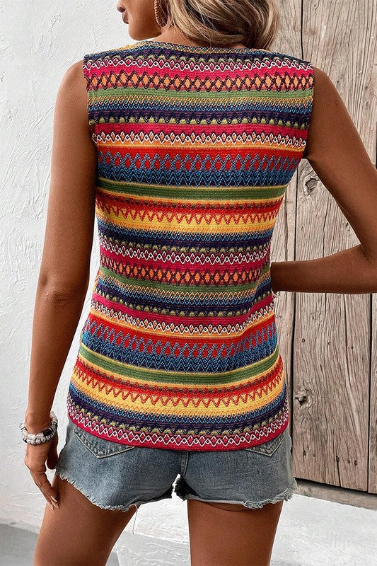 Women Ethnic Wavy Pattern Round Neck Sleeveless Top in Yellow Zarnesh
