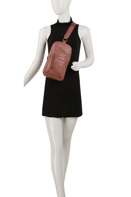 Womens Faux Vegan Leather Shoulder Strap Zip Top Sling Bag Zarnesh