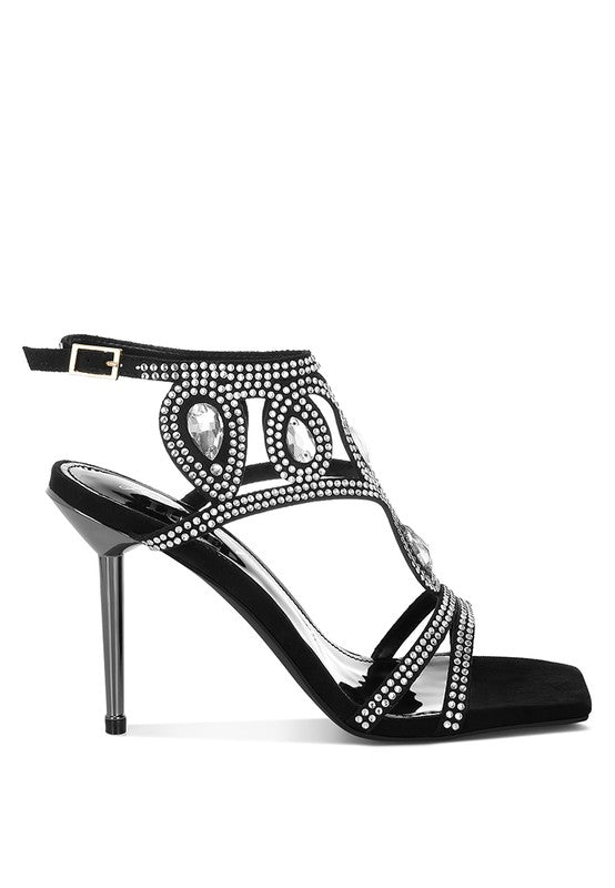 Women Fialka Diamante Rhinestones Square Toe Stiletto Sandals Zarnesh